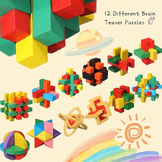 BRAIN TEASER PUZZLES 3D WOODEN PUZZLE TOY GAMES LOGIC MIND SMART PUZZLE BOX LOCK TOY, BRAIN TEASER INTELLECTUAL REMOVING ASSEMBLING PUZZLE GIFT SET FOR ADULTS TEENAGERS 12 PCS - Image 3